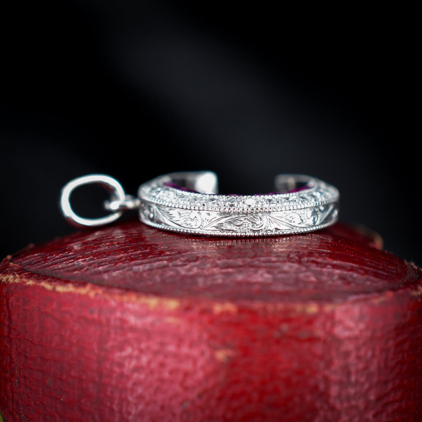 Antique Style Diamond and Ruby Crescent Moon Platinum Pendant