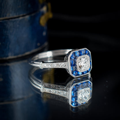 Sapphire and Old Cut Diamond Cluster Halo Platinum Ring | Engagement | Art Deco Style