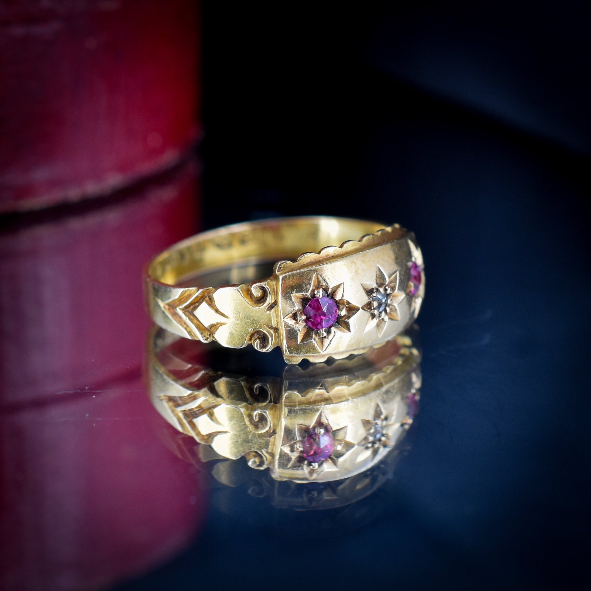 Antique Ruby Diamond Starburst 18ct Gold Gypsy Band Ring | Dated 1900