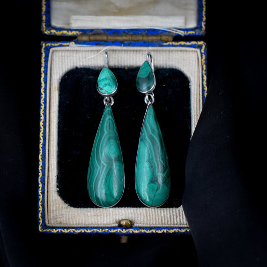Antique Victorian Green Malachite Silver Drop Dangle Earrings