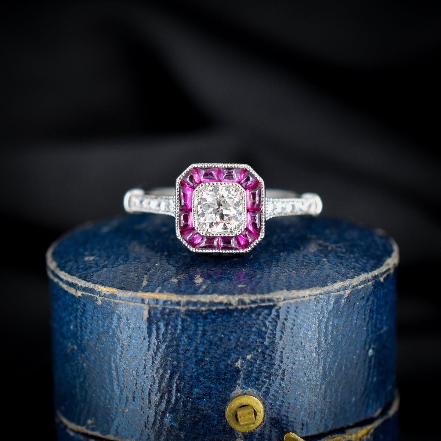 Art Deco Style Ruby and Old Cut Diamond Halo Platinum Ring
