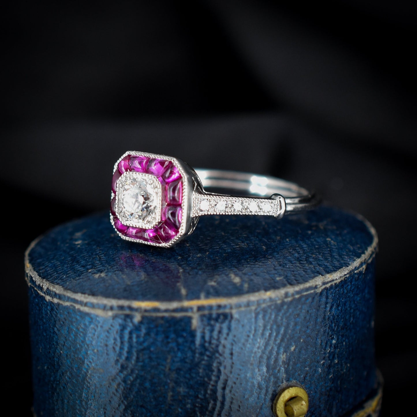 Art Deco Style Ruby and Old Cut Diamond Halo Platinum Ring