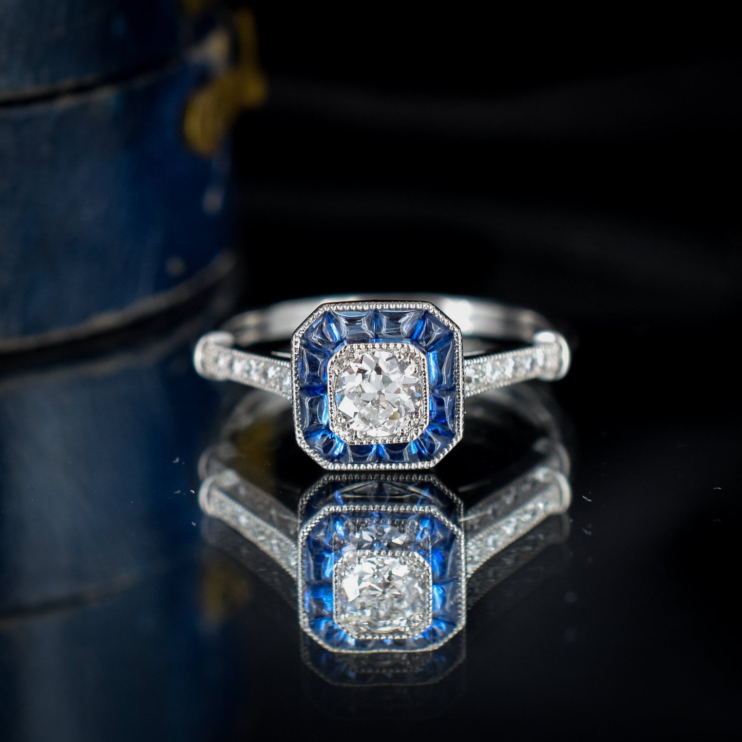 Sapphire and Old Cut Diamond Cluster Halo Platinum Ring | Engagement | Art Deco Style
