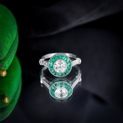 Art Deco Style Emerald and Old Cut Diamond Target Cluster Halo Platinum Ring