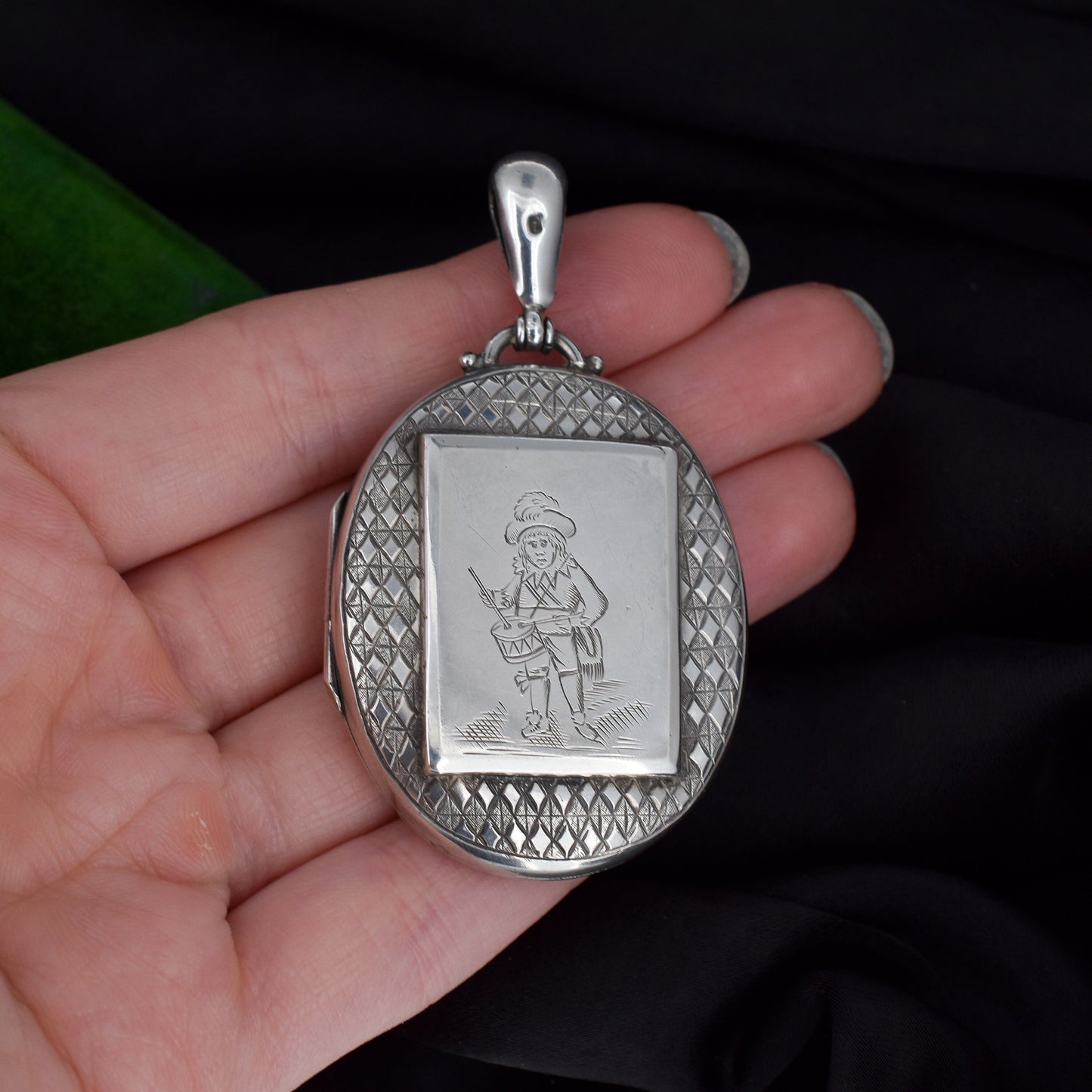 Antique 'Little Drummer Boy' Sterling Silver Oval Engraved Photo Locket Pendant