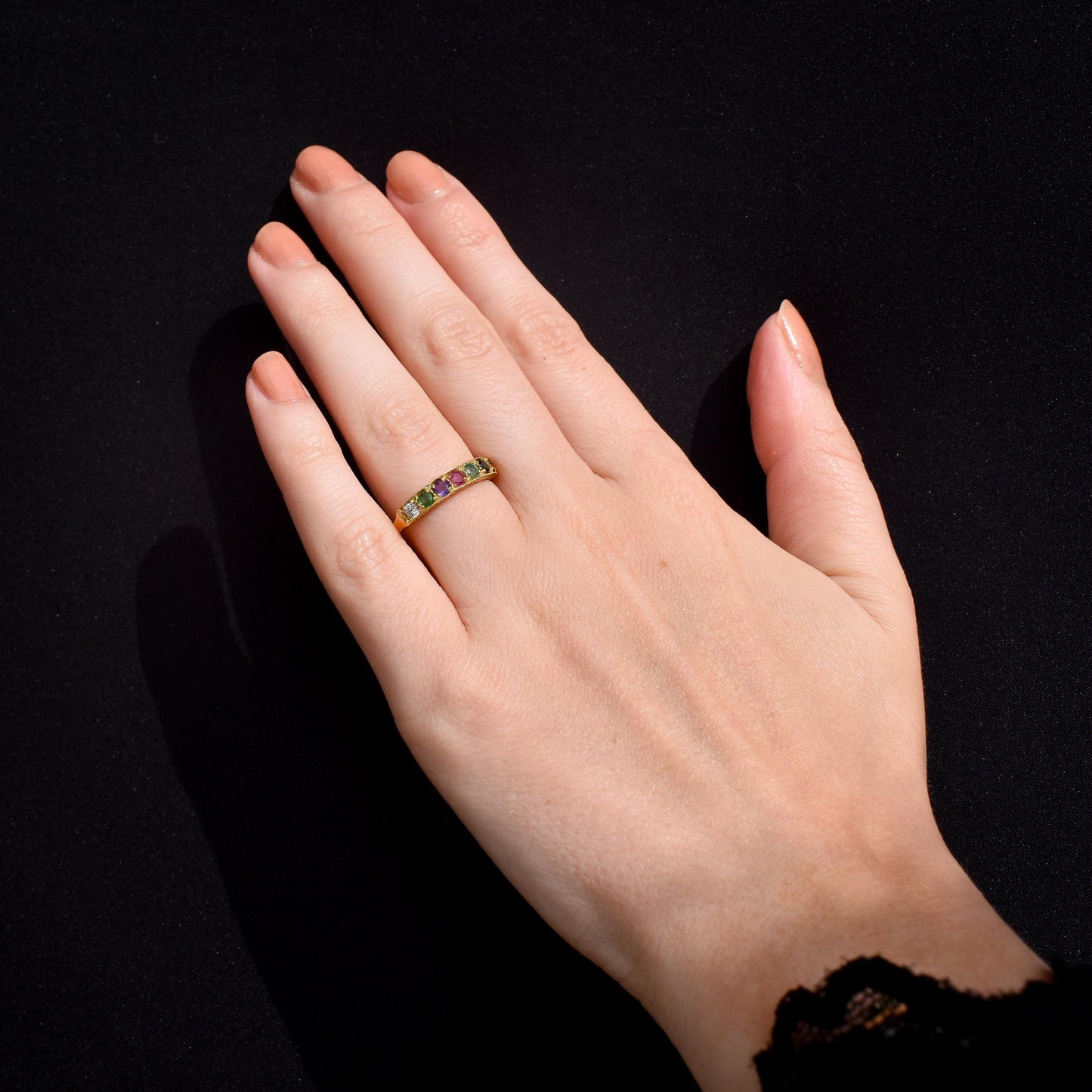 DEAREST Acrostic Multi Gemstone Gold on Silver Ring Band | Antique Victorian Style