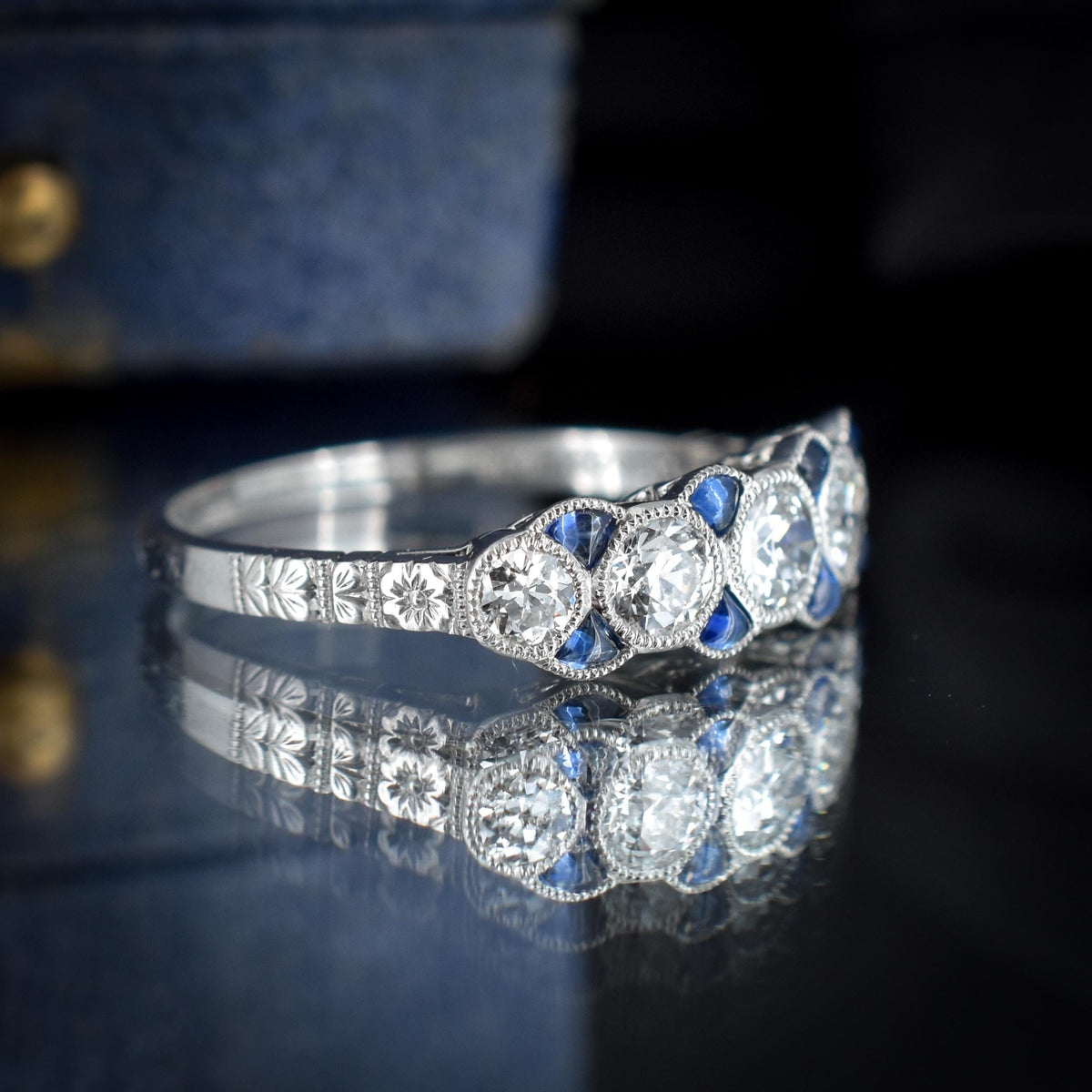 Old Cut Diamond and Blue Sapphire Five Stone Platinum Ring - 0.86ct total