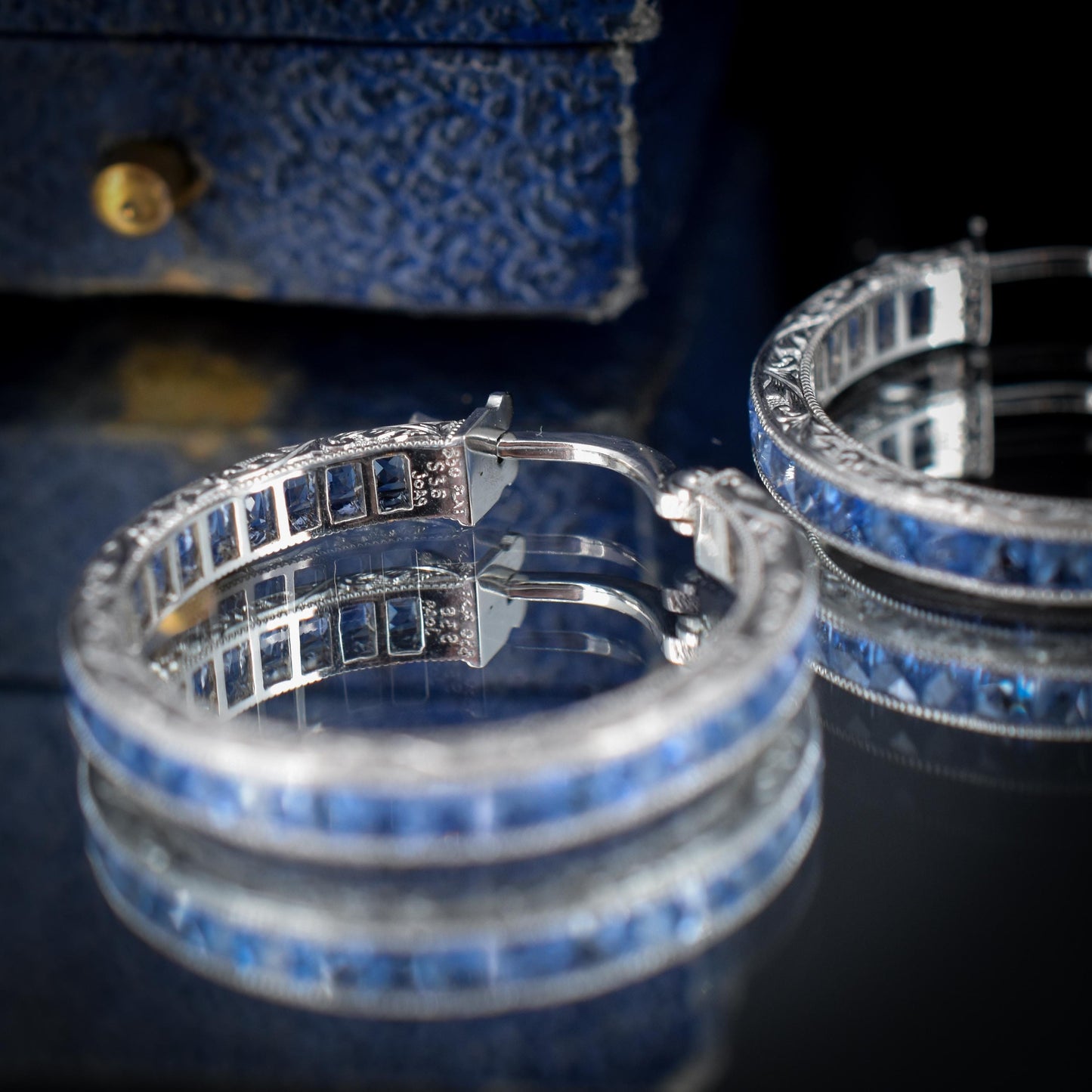 3.6ct Ceylon Blue Sapphire Hoop Engraved Platinum Earrings