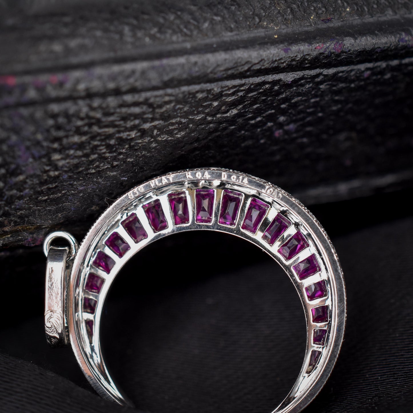 Antique Style Diamond and Ruby Crescent Moon Platinum Pendant