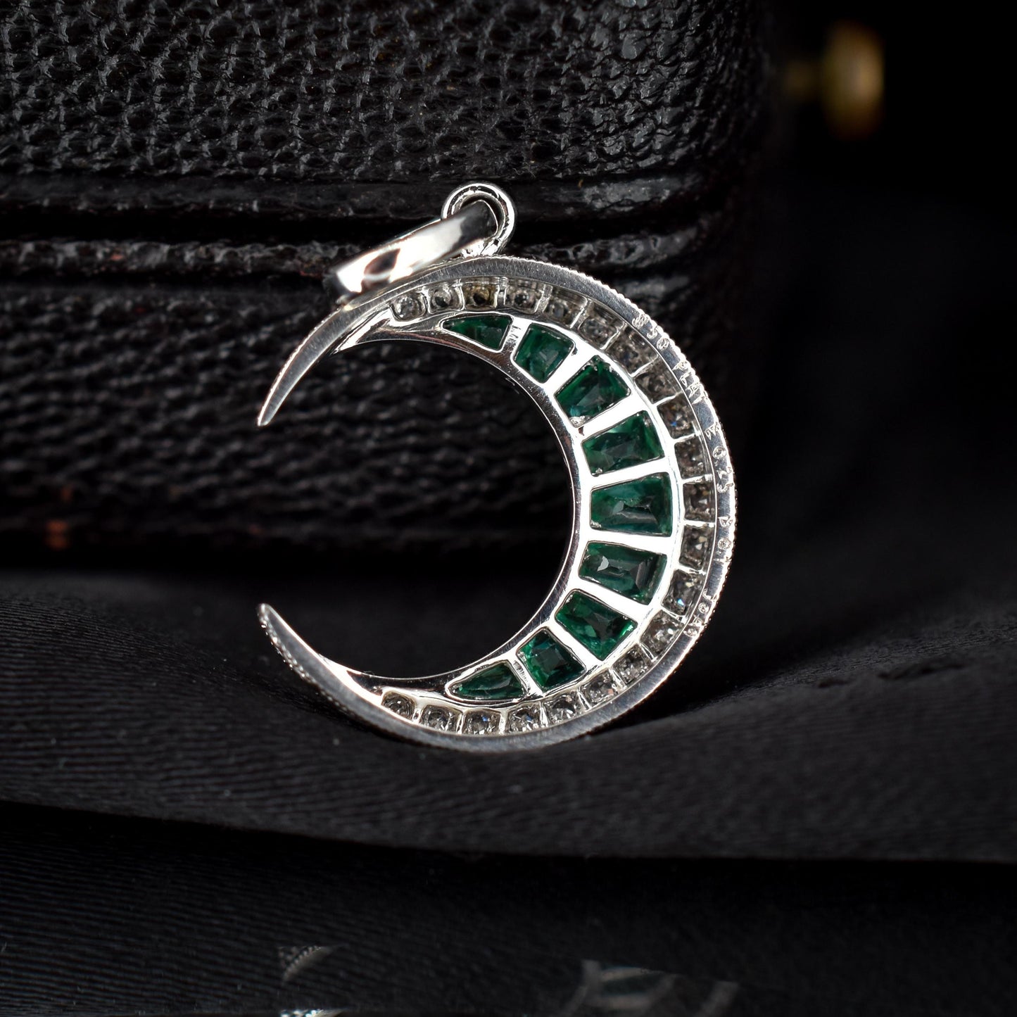 Antique Style Diamond and Emerald Crescent Moon Platinum Pendant