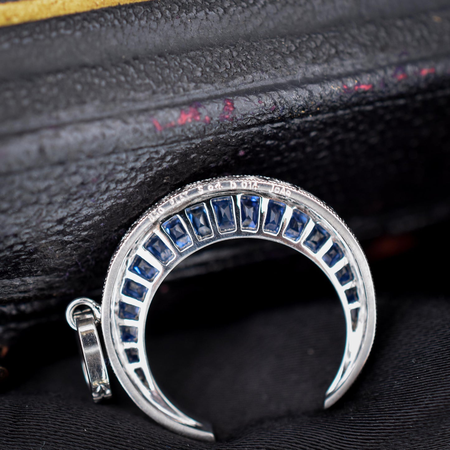 Antique Style Diamond and Sapphire Crescent Moon Platinum Pendant