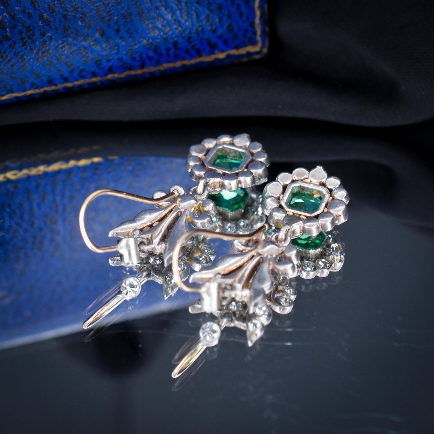 Antique Green Paste Silver Drop Dangle Earrings - Victorian