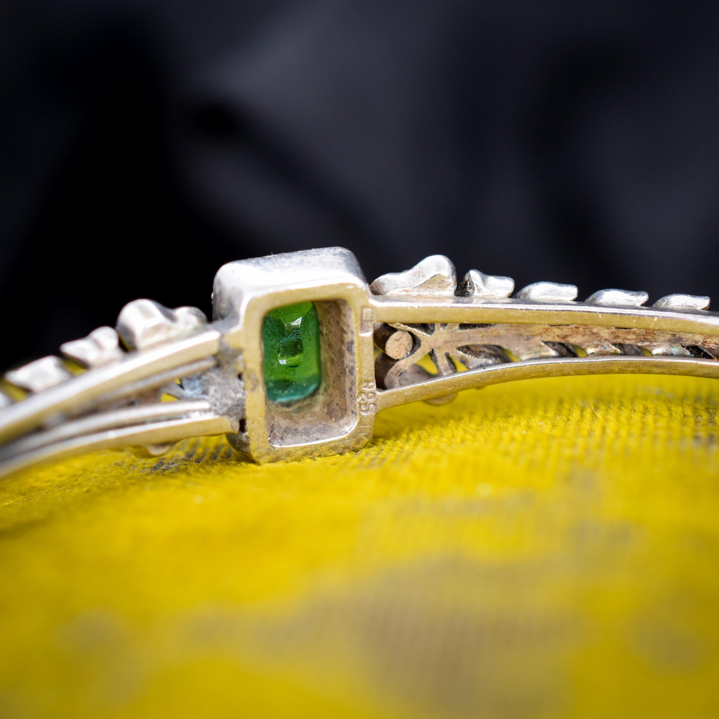 Antique Emerald Paste Silver Bow Bangle Bracelet | Edwardian