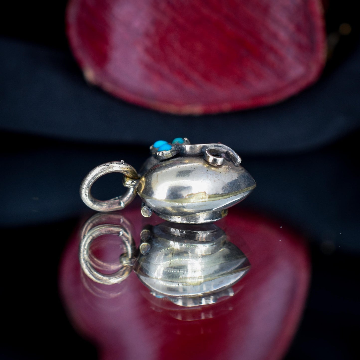 Antique Turquoise Forget-Me-Not Gold Heart Locket Pendant