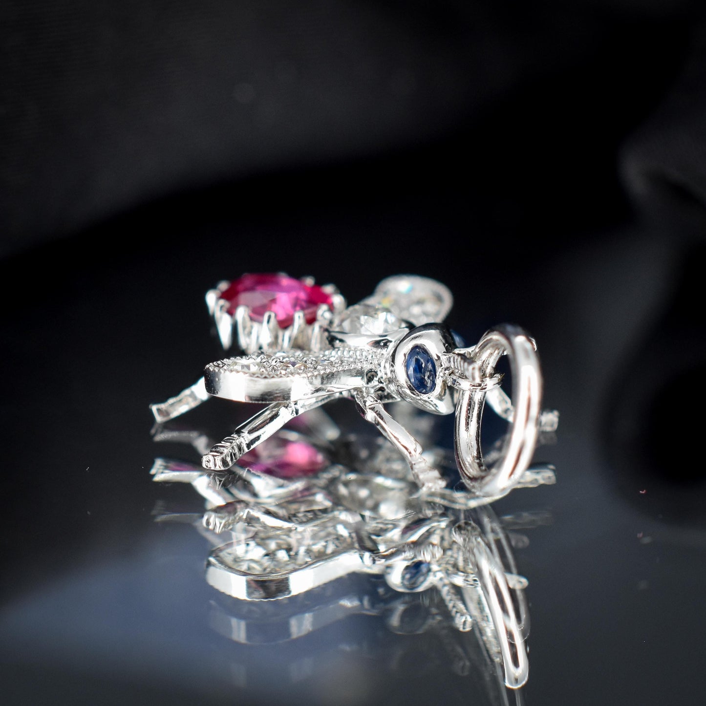 Ruby and Diamond Platinum Insect Bee Pendant