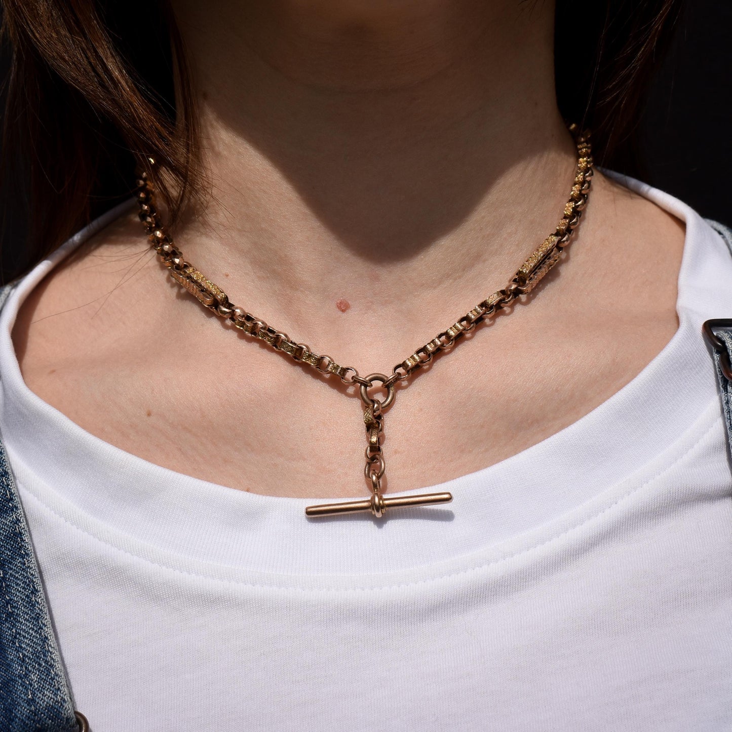 Antique Stars and Bars 9ct Gold Albert Watch Chain Necklace with Dog Clip and T-Bar | 15.75" length