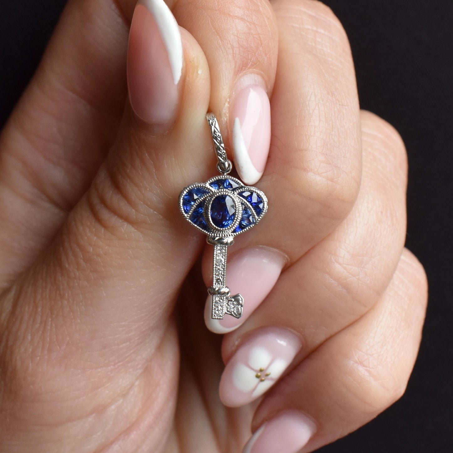 Art Deco Style Blue Sapphire and Diamond Platinum Key Charm Pendant