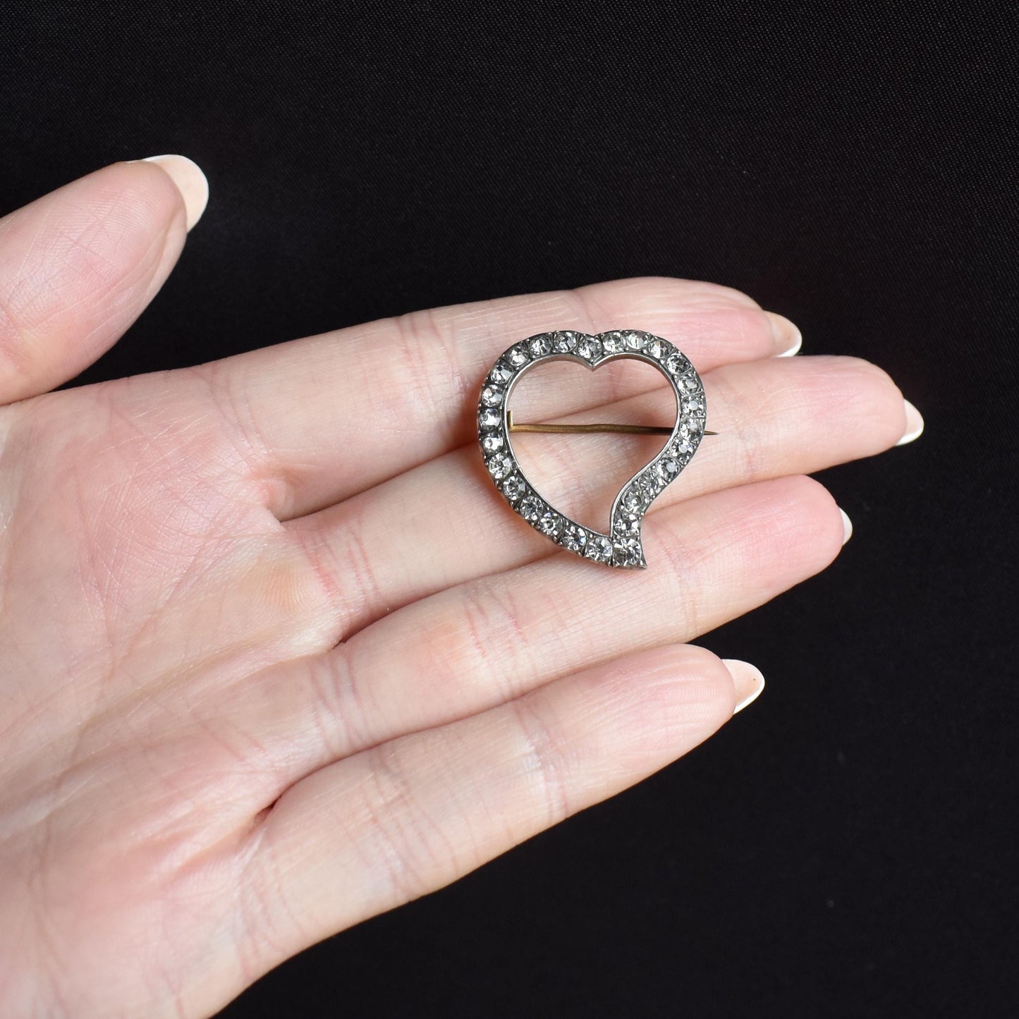 Antique Old Cut Paste Sterling Silver Witches Heart Brooch Pin