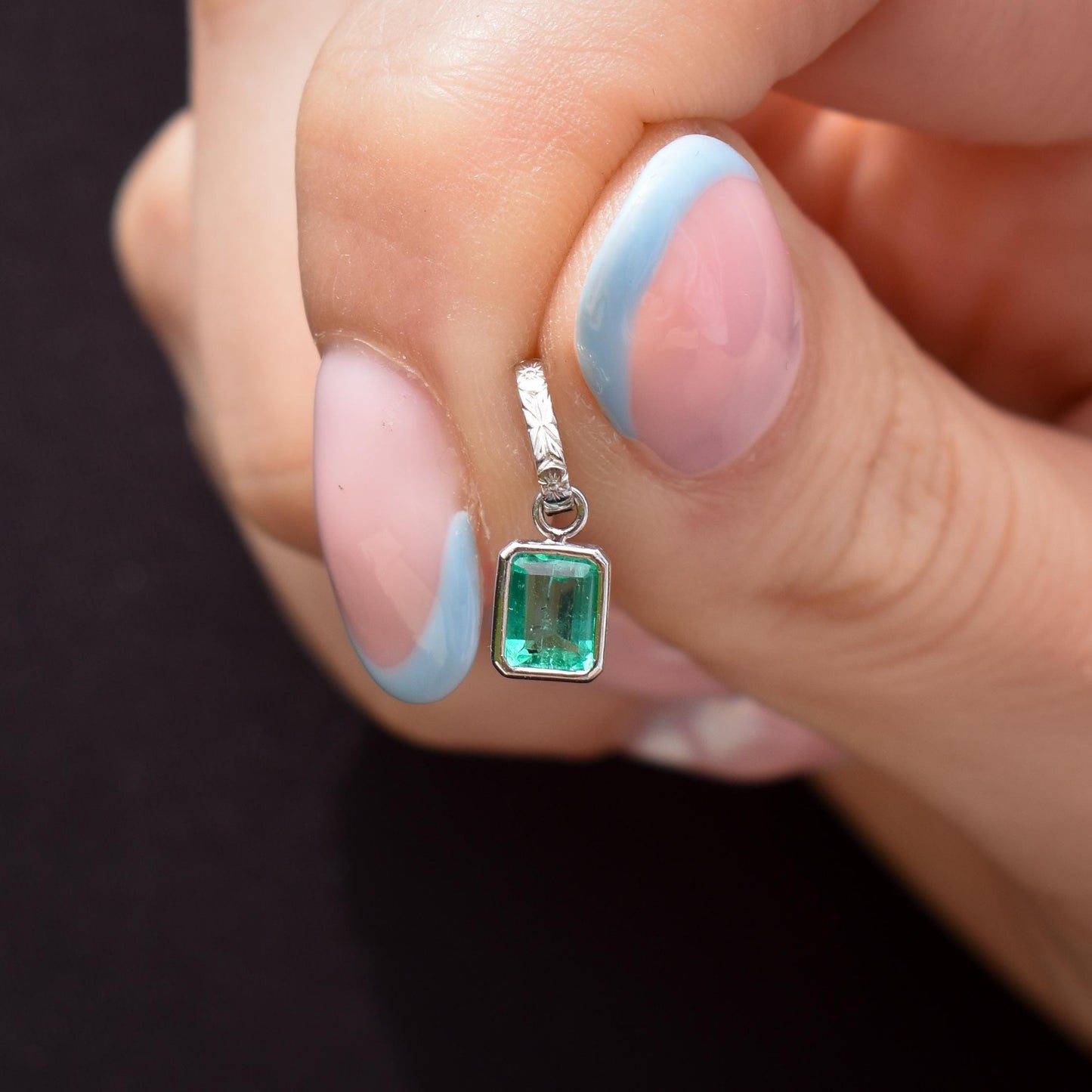 0.46ct Emerald Cut Natural Emerald Platinum Charm Pendant