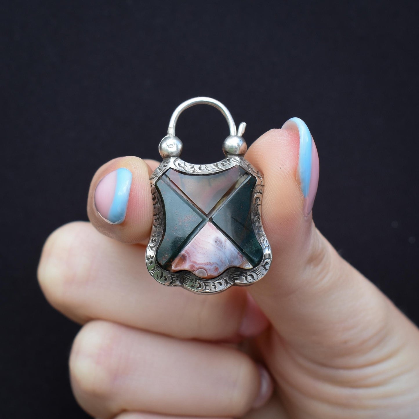 Antique Victorian Scottish Agate Silver Padlock Locket Pendant Charm