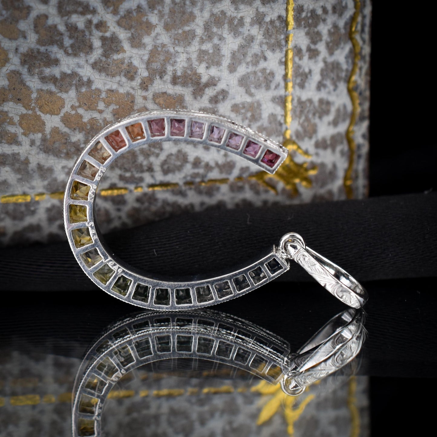 French Cut Multi Colour Sapphire Rainbow Horseshoe Platinum Charm Pendant