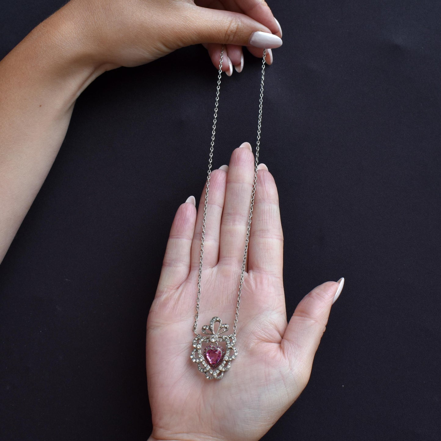 Antique Pink Paste Heart Bow Silver Pendant and Chain Necklace | 16.5"