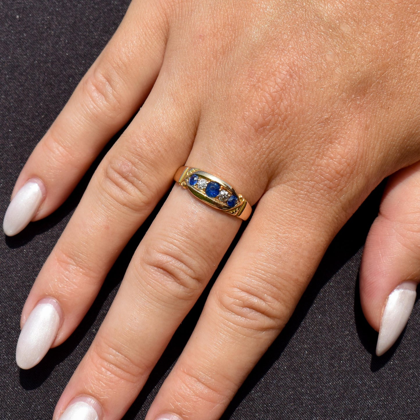 Antique Sapphire and Diamond 18ct Yellow Gold Boat Ring | Birmingham 1896