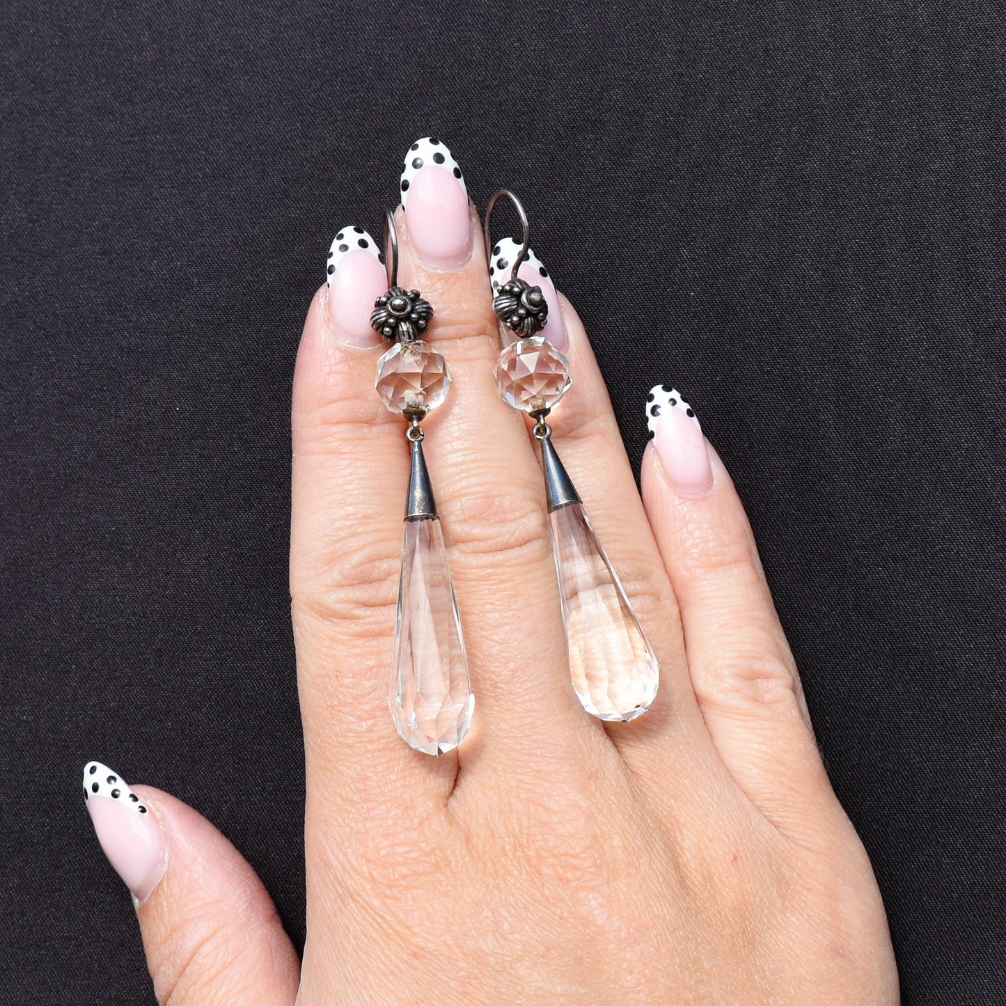 Art Deco Briolette Cut Rock Crystal Sterling Silver Drop Dangle Earrings