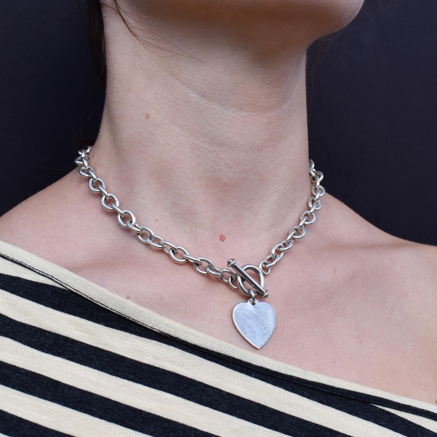 Vintage Silver Oval Cable Link Toggle Heart Chain Necklace 16" Length