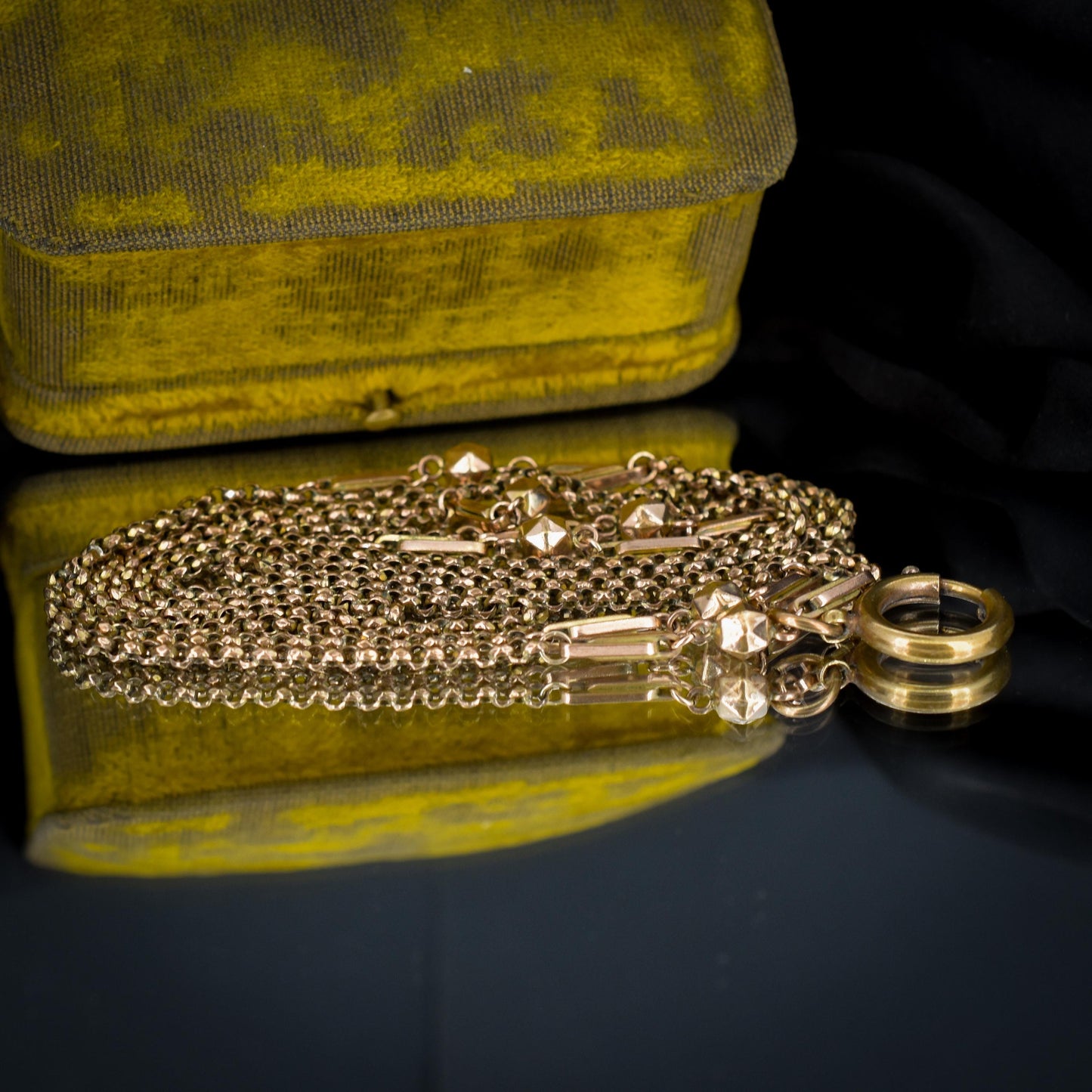 Antique Rolled Gold Fancy Guard Muff Chain Necklace with Large Bolt Ring | 49"