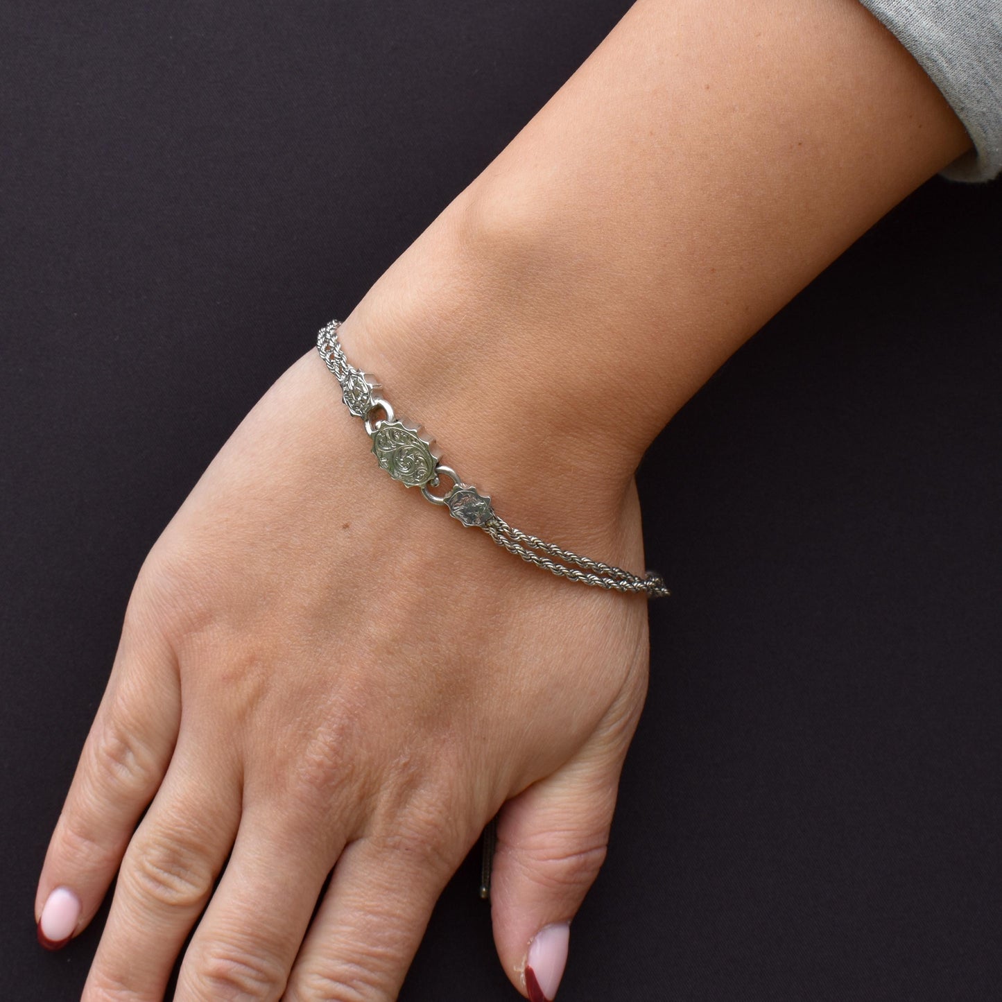 Antique Silver Double-Strand Albertina Albert Chain Bracelet with Tassel