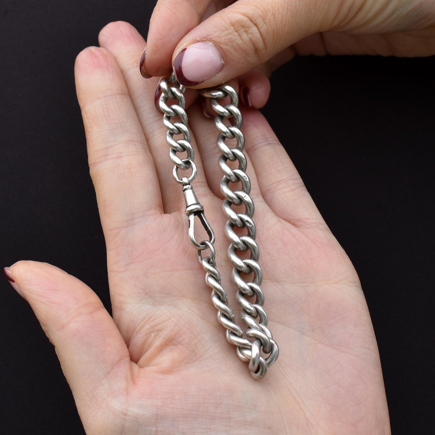 Antique Chunky Graduated Curb Sterling Silver Bracelet with Dog Clip | 7.75"