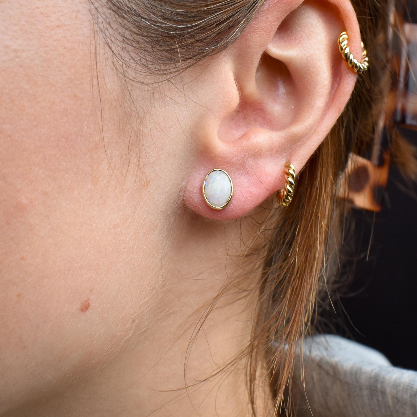 Vintage Natural Opal Oval Yellow Gold Stud Earrings