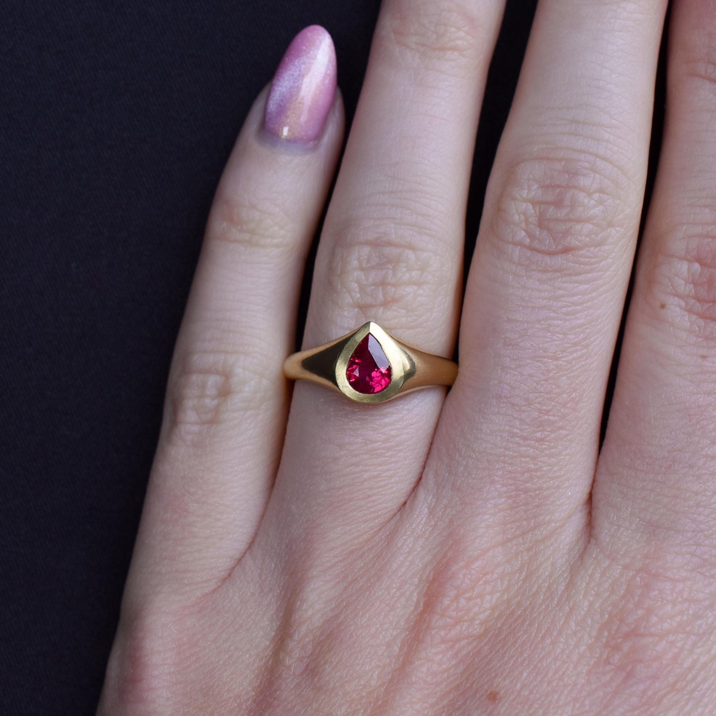 1.1ct Pear Cut Natural Ruby Solitaire 18ct Gold Signet Gypsy Ring