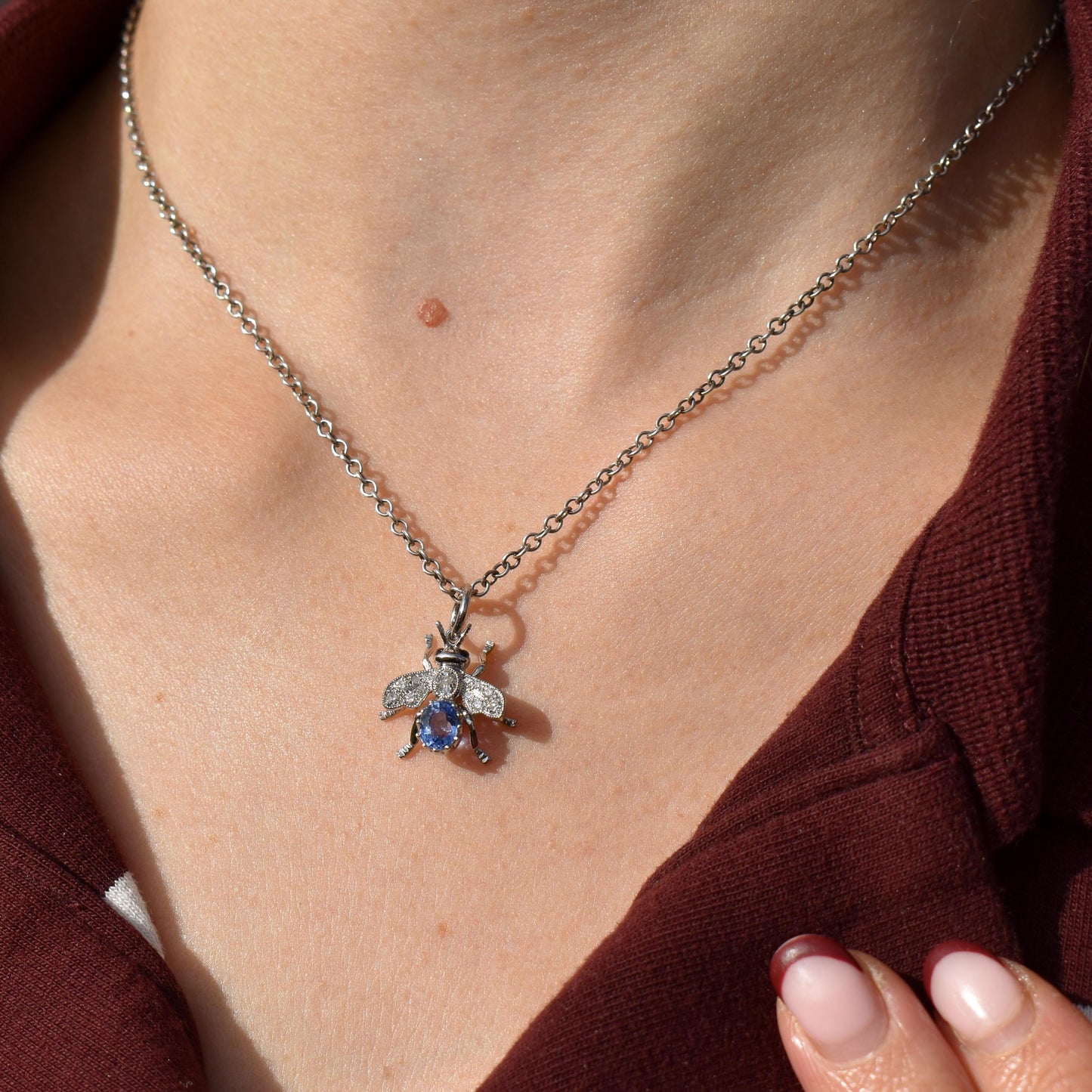 Ceylon Sapphire and Diamond Platinum Insect Bee Pendant