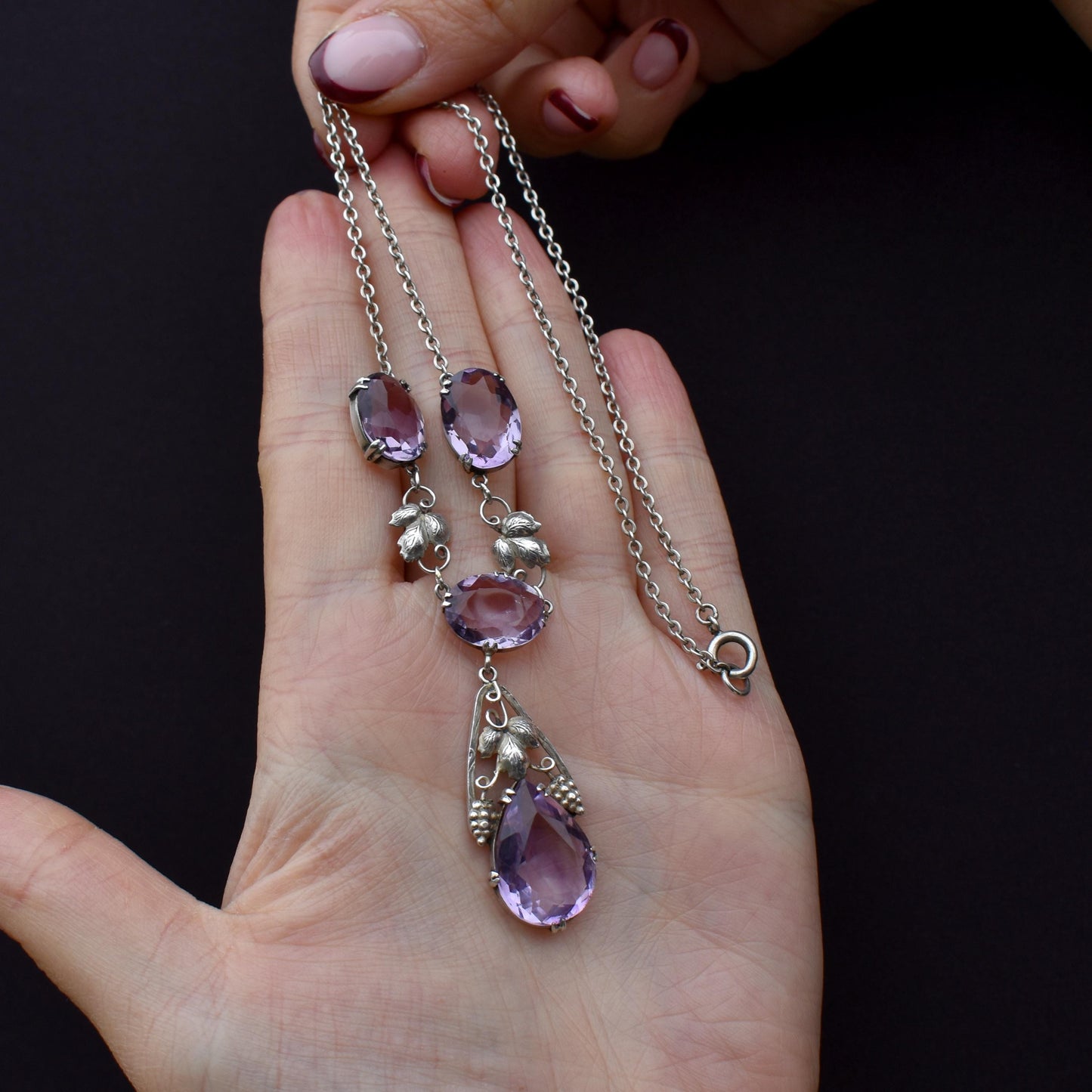 Arts & Crafts Silver Amethyst Drop Pendant Chain Necklace 18.59ct