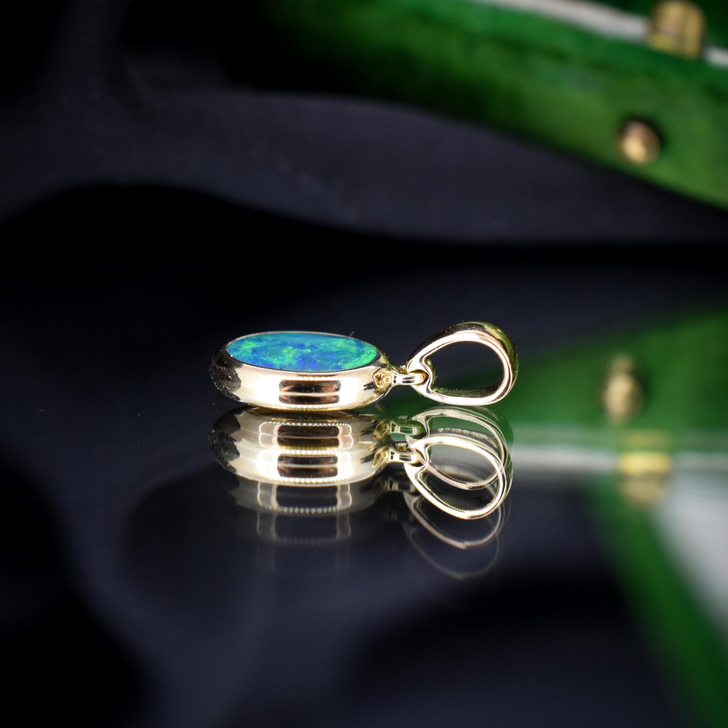 Black Opal Doublet Oval Drop 9ct Yellow Gold Pendant Charm