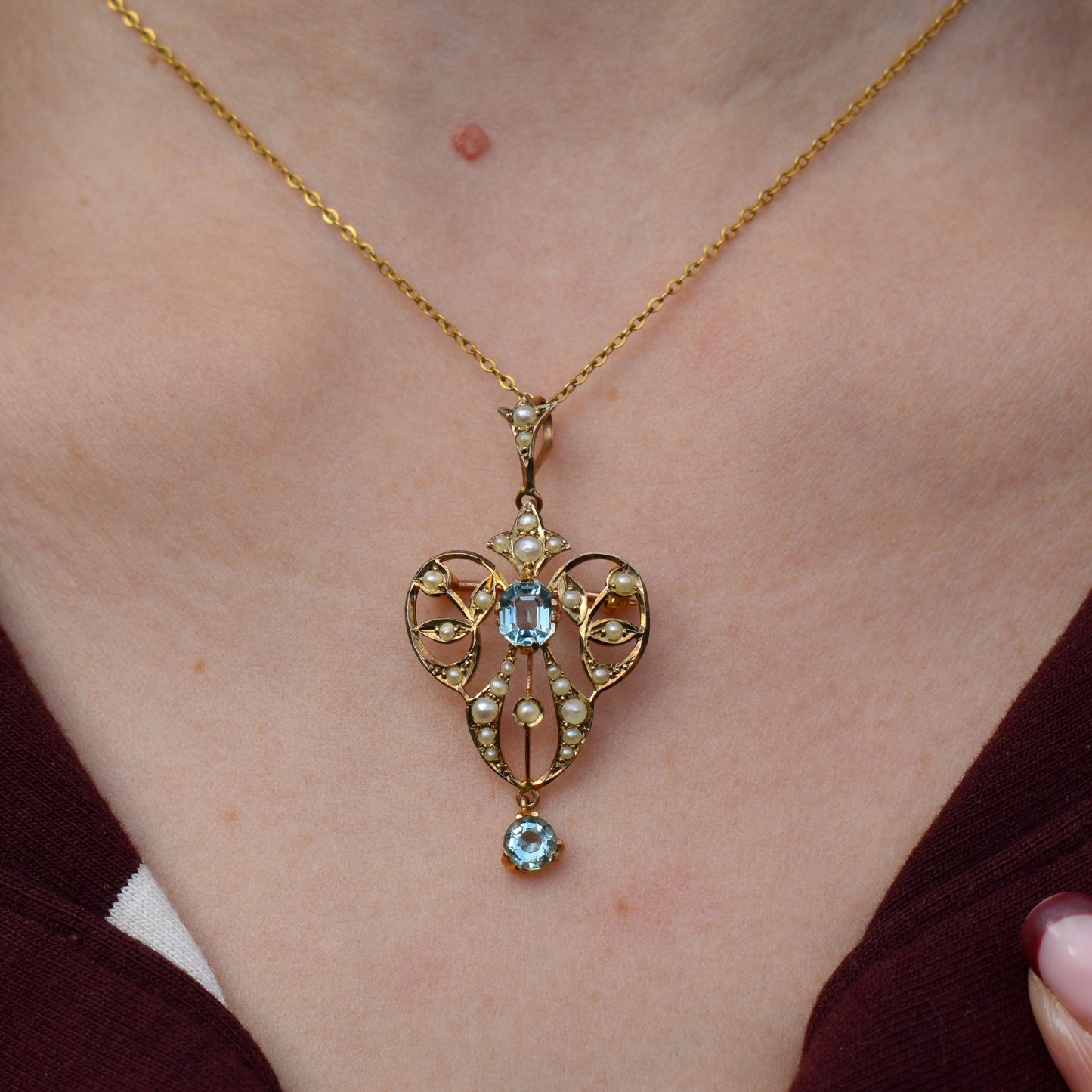 Antique Edwardian Blue Paste 9ct Gold Pendant and Chain Necklace | 15" Length