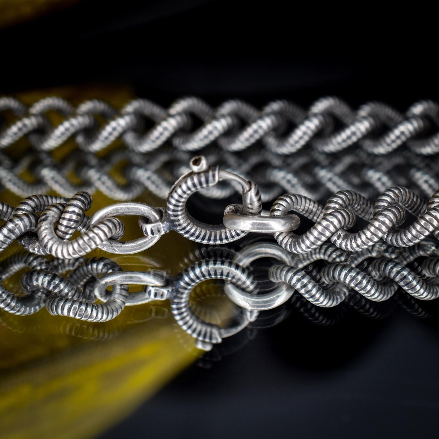 Antique Niello Silver Curb Link Bracelet with Spring Ring - 8.5"