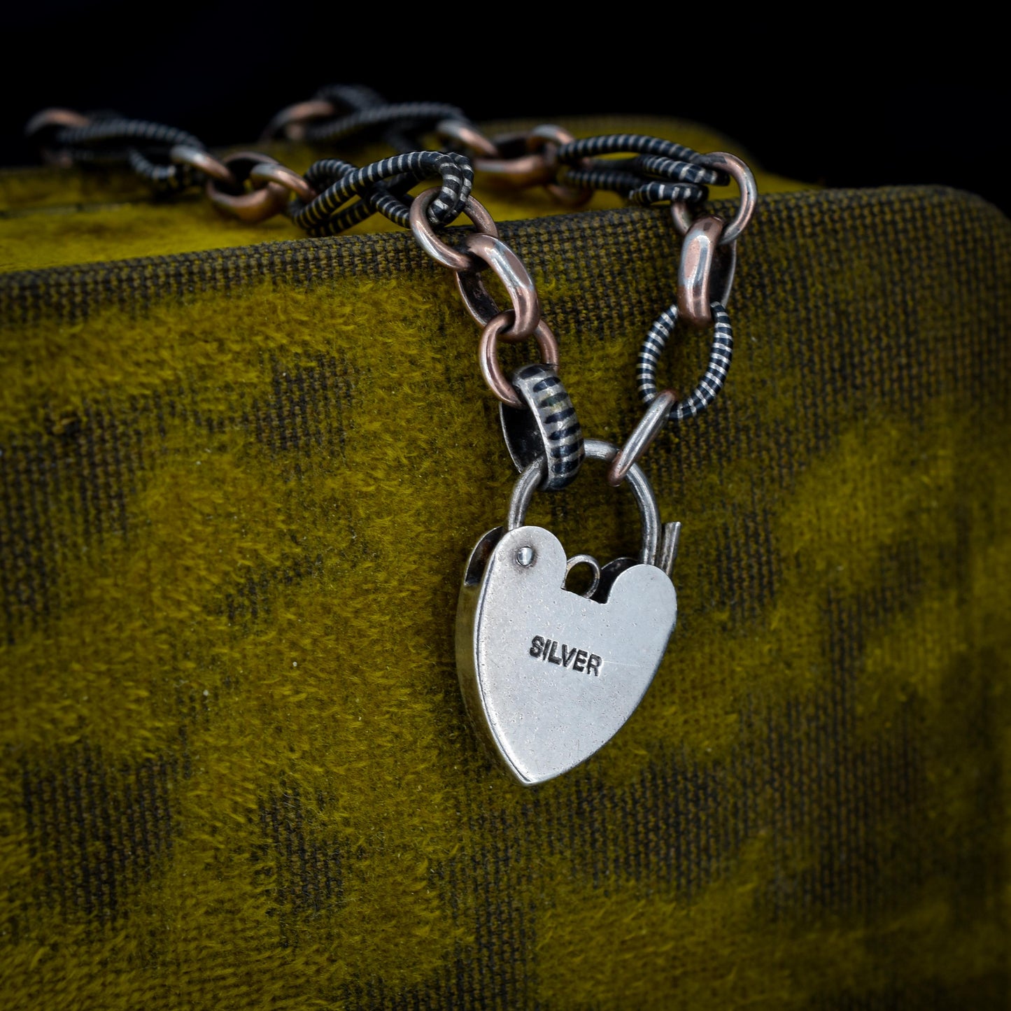 Antique Niello Fancy Link Heart Padlock Bracelet- 7.5"