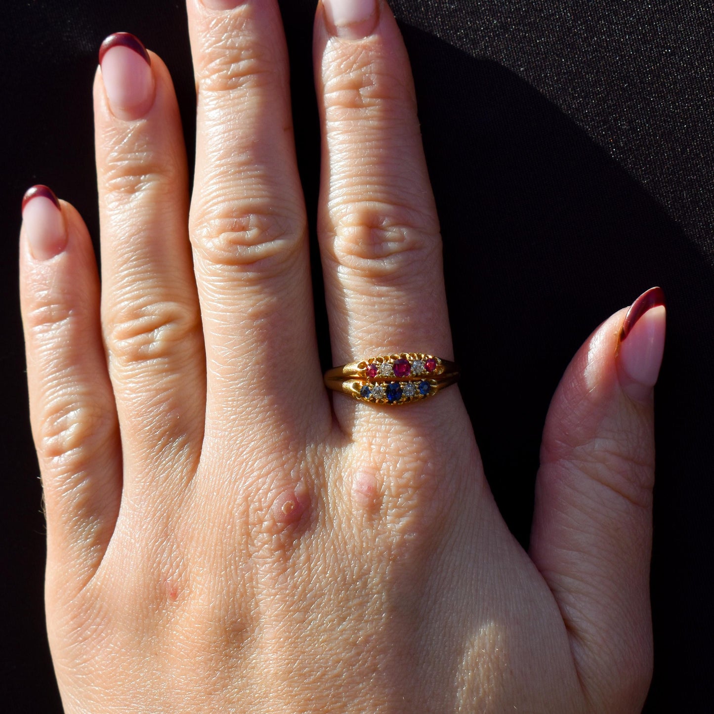 Antique 18ct Gold Sapphire Ruby and Diamond Double Row Ring