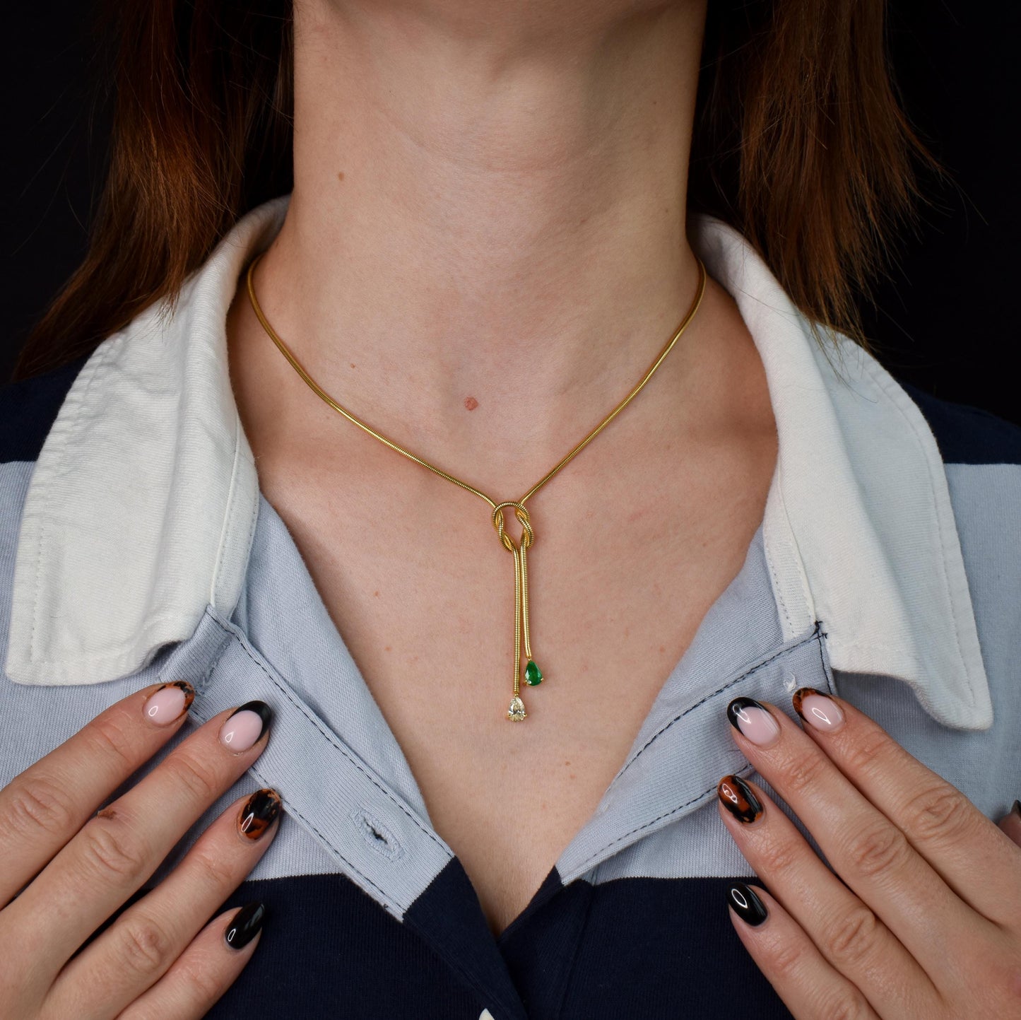 Emerald and Diamond Lariat Knot 18ct Gold Snake Chain Drop Necklace | 15.75"