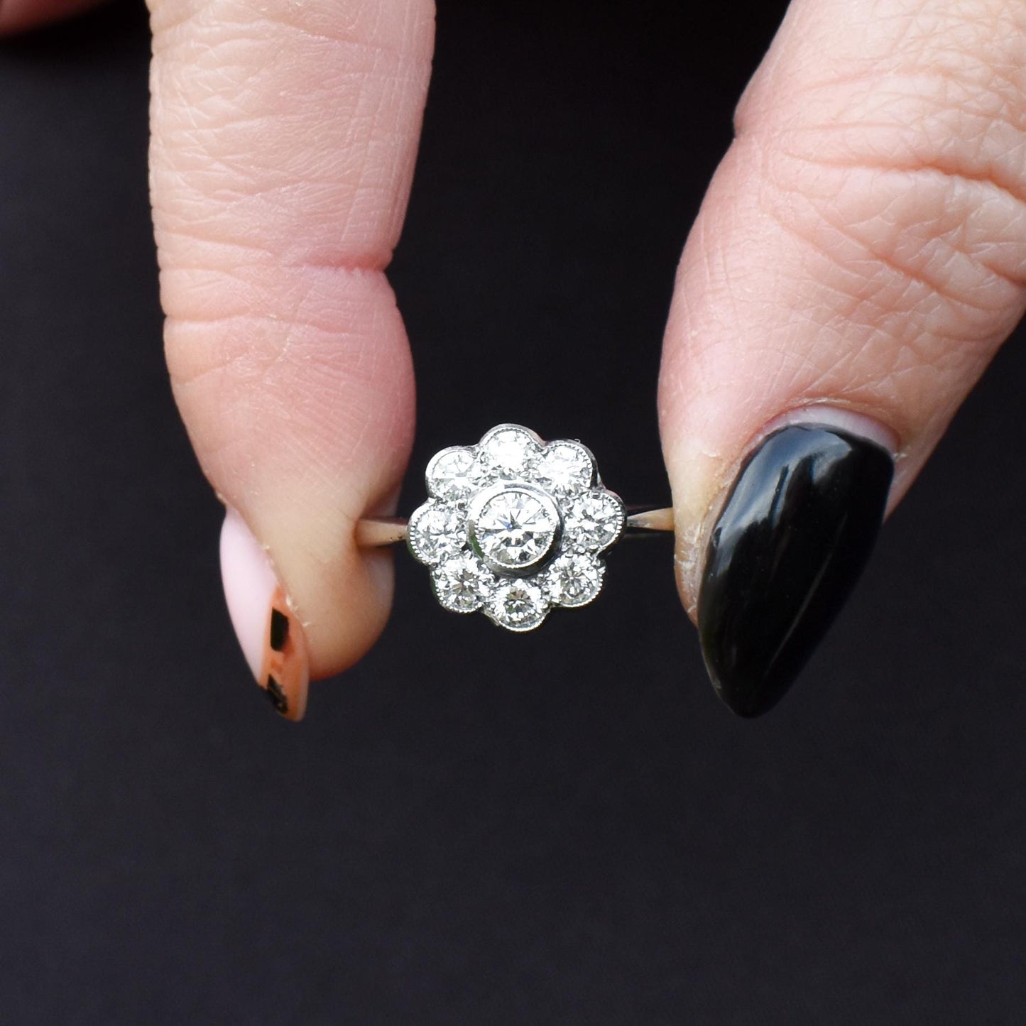 1.0ct Diamond Daisy Cluster Halo Platinum Ring | Antique Style