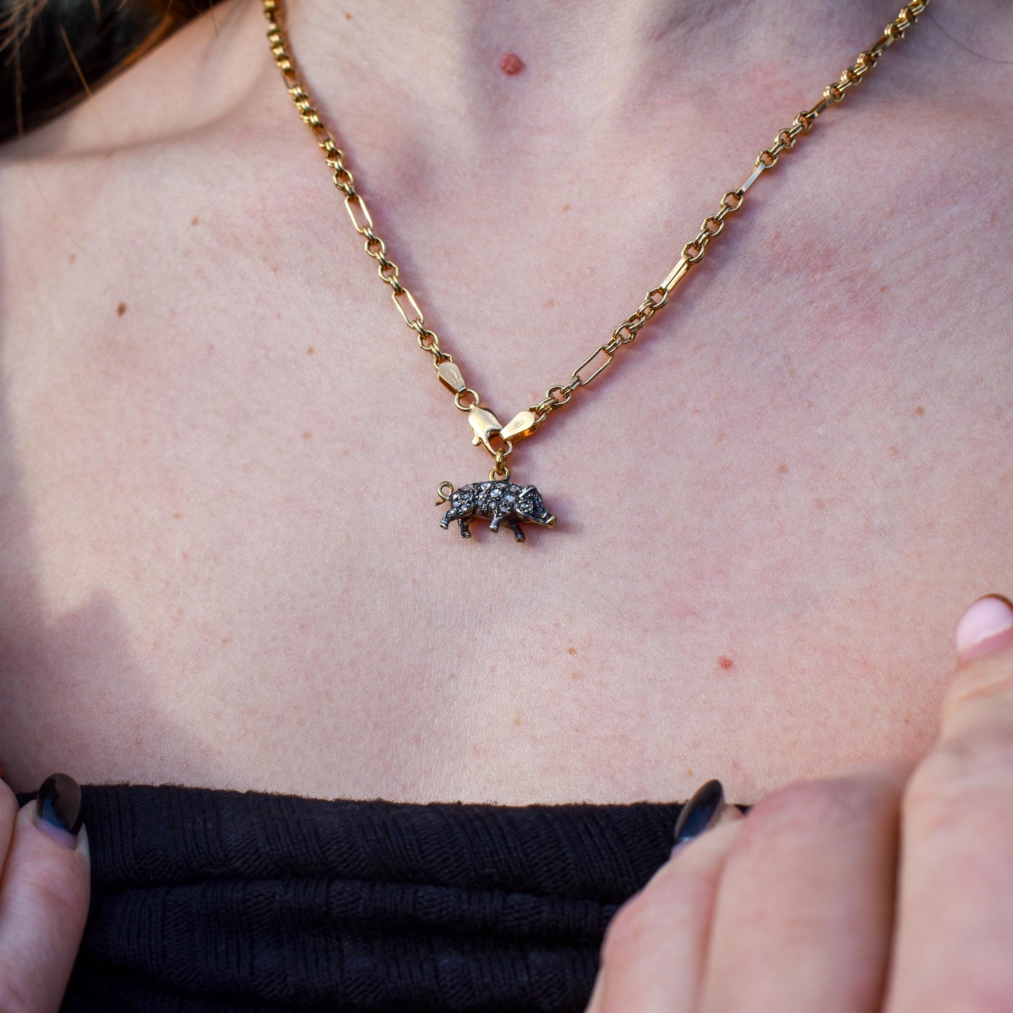 Rose-cut Diamond and Ruby Pig Charm Pendant