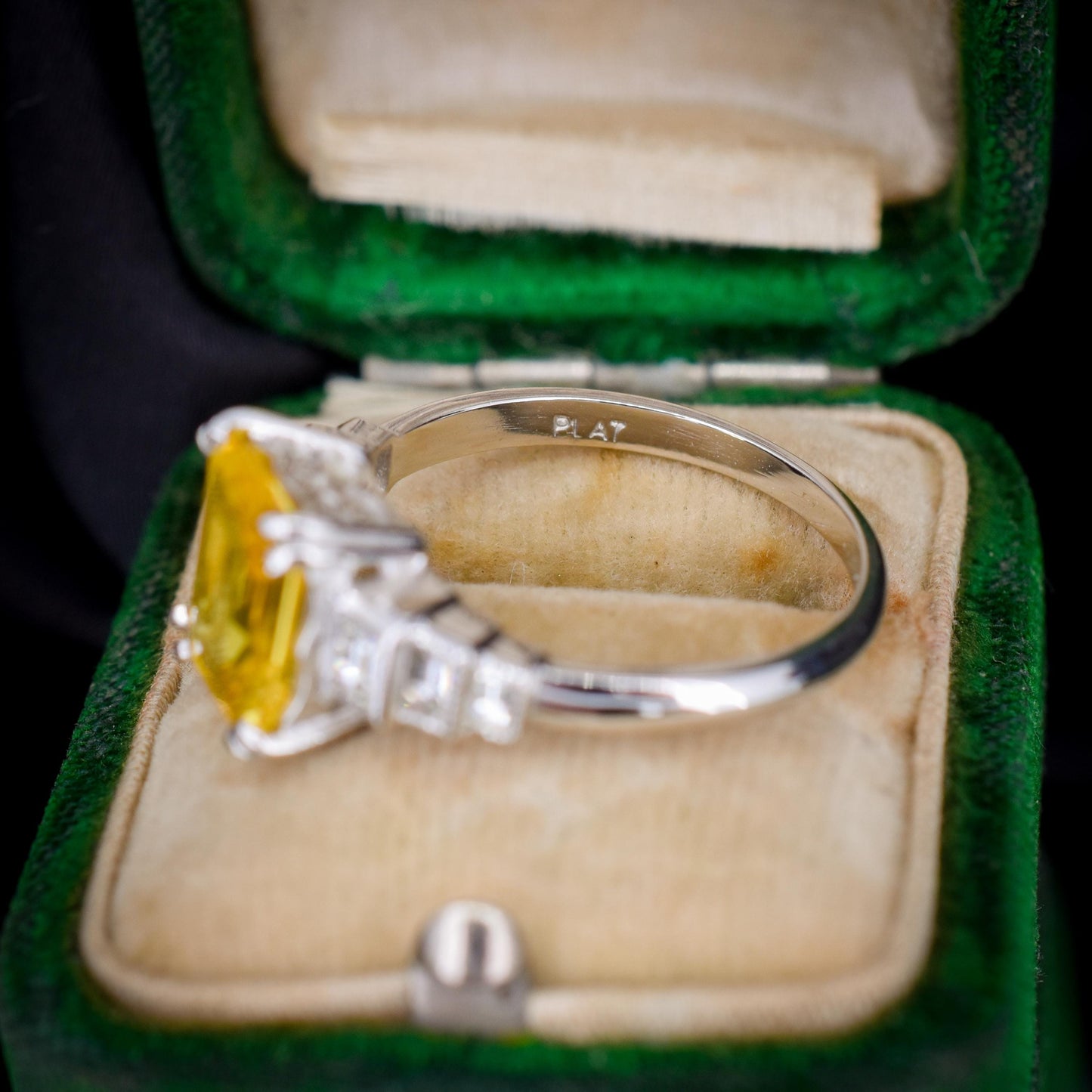 2.6ct Emerald Cut Yellow Sapphire and Diamond Halo Platinum Ring | Art Deco Style