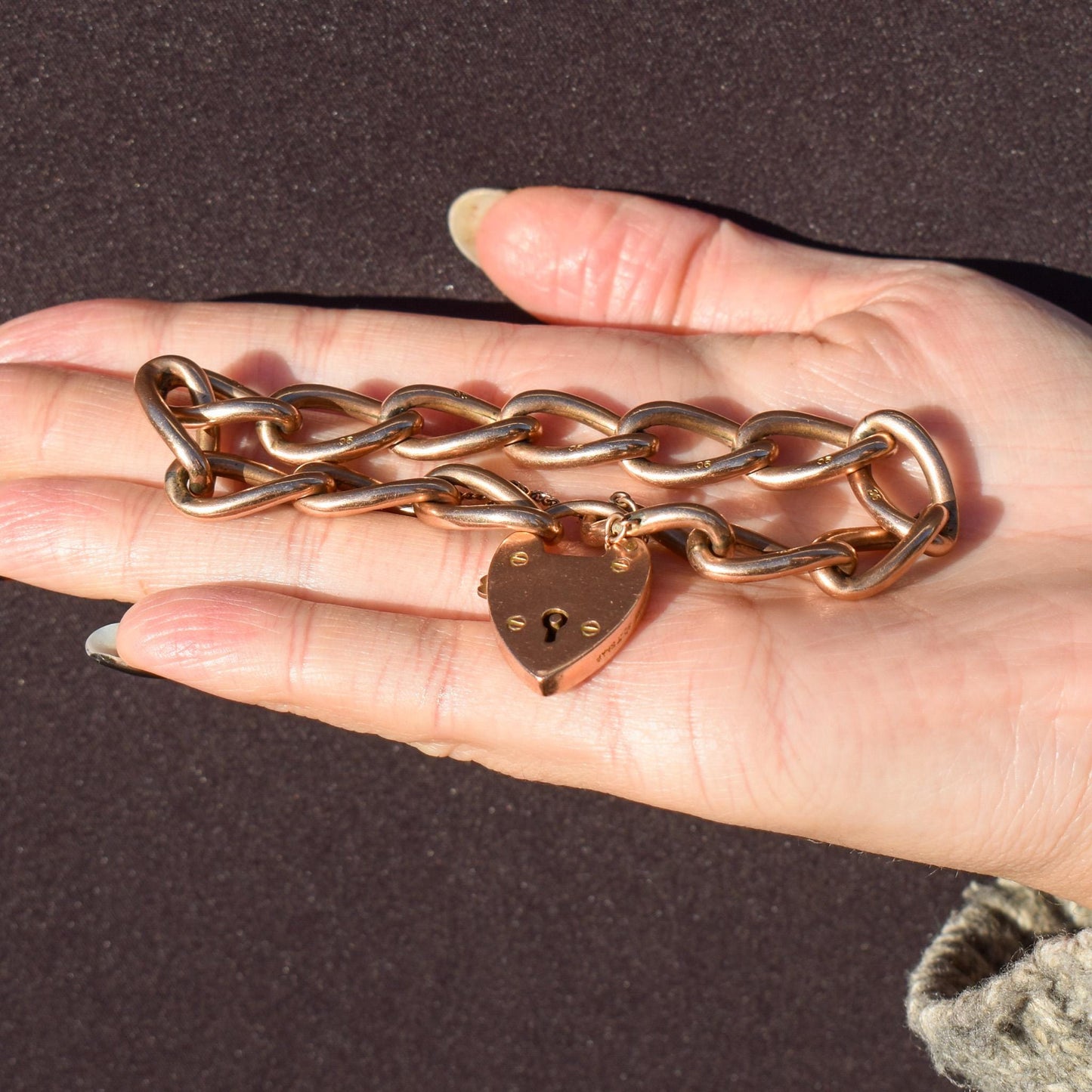 Antique Edwardian 9ct Gold Heart Padlock Fancy Oval Curb Bracelet | 8"