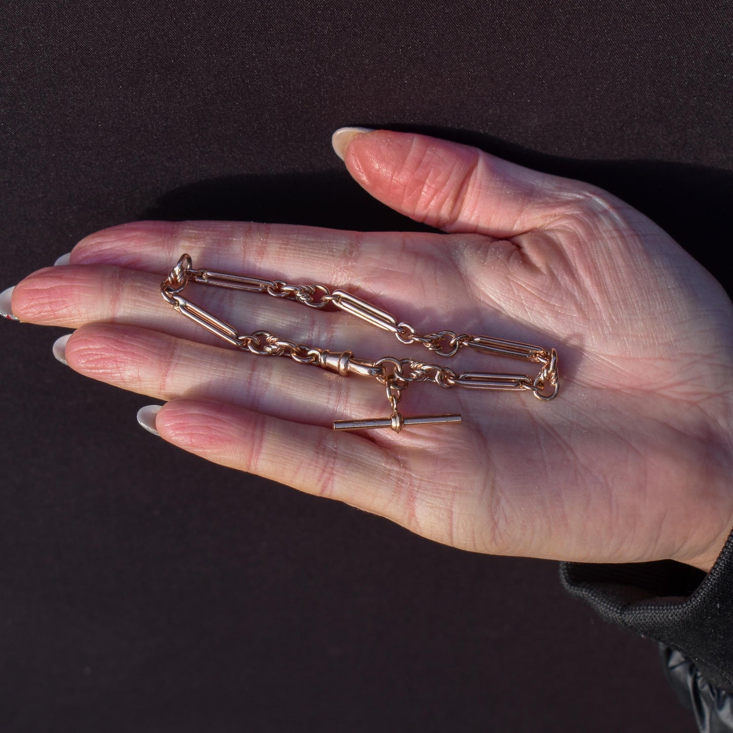 Vintage 9ct Rose Gold Trombone Knot Link Bracelet with Dog Clip and T-bar | 8"