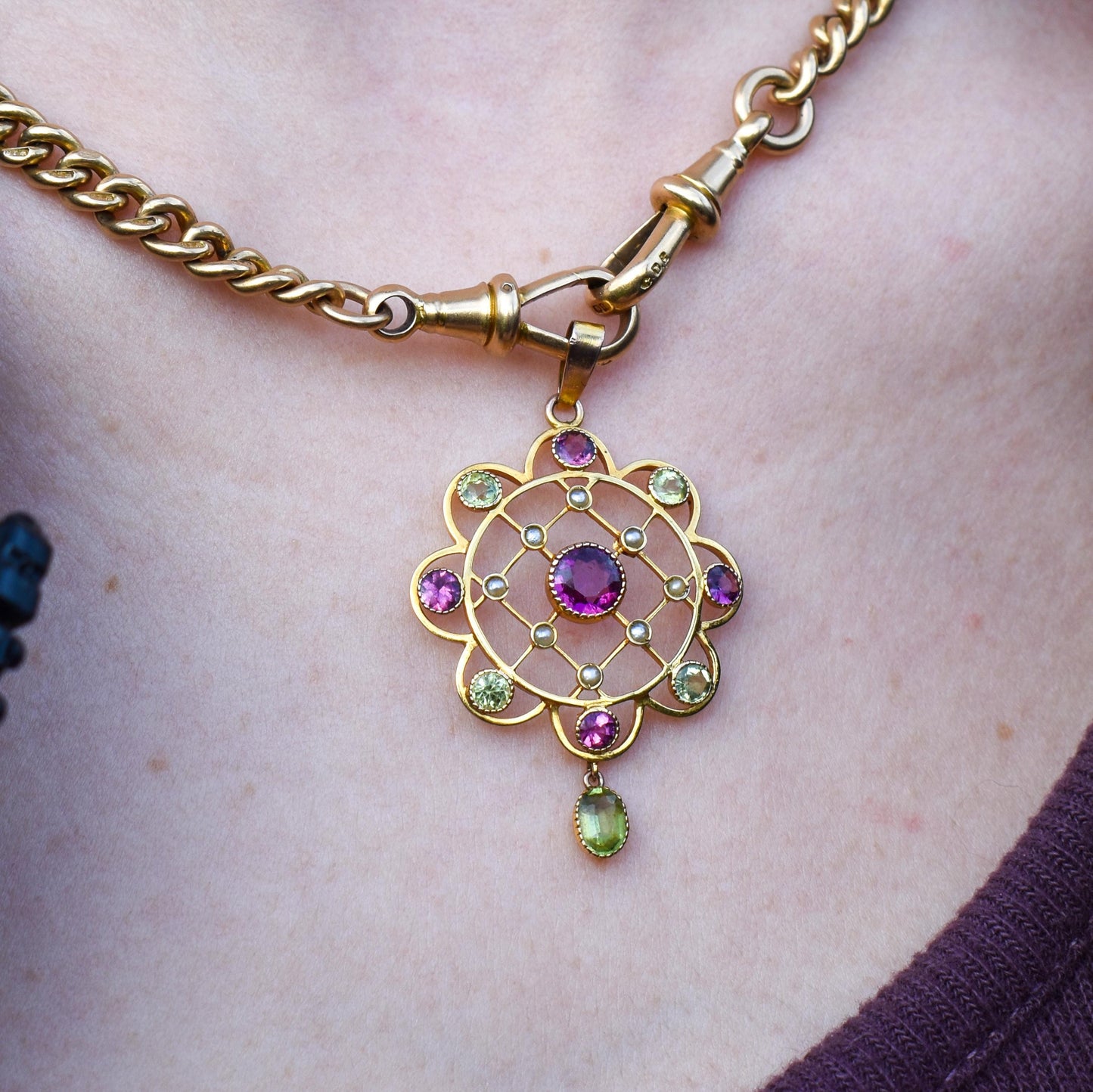 Antique Peridot Pearl and Almadine Garnet 9ct Gold Pendant | Murrle Bennett