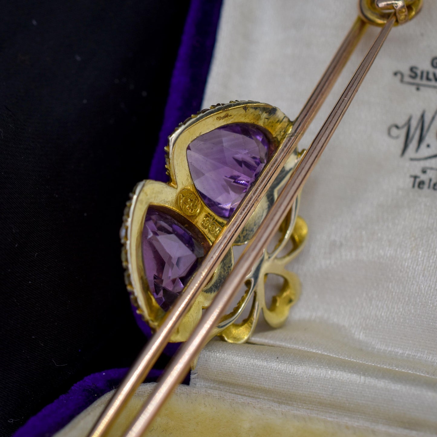 Antique Amethyst Pearl Double Heart and Bow 9ct Gold Brooch Pin