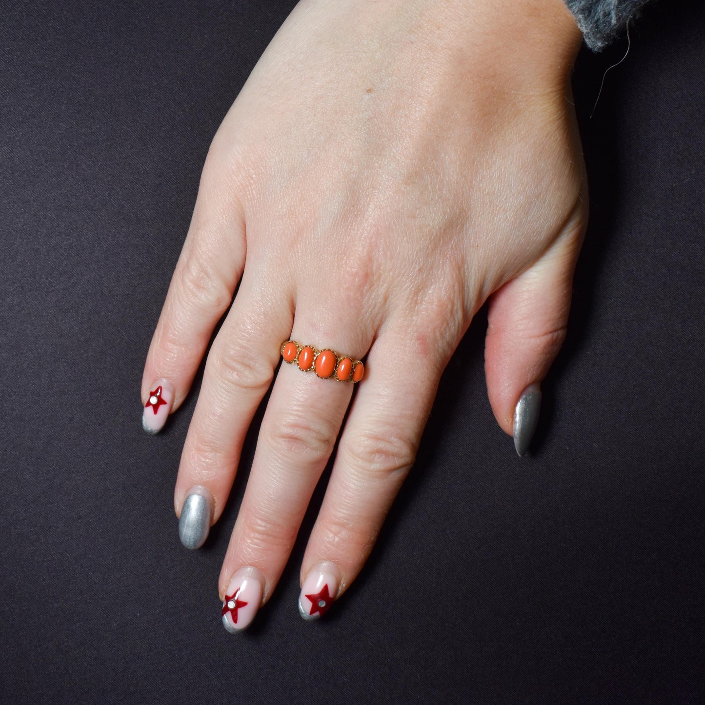 Coral Five Stone 9ct Yellow Gold Ring Band | Antique Georgian Style